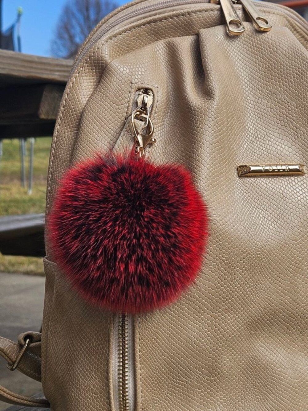 Real Fox Fur Pompom Bag Charm Accessory, Black Red Tips Fluffy Ball Keychain